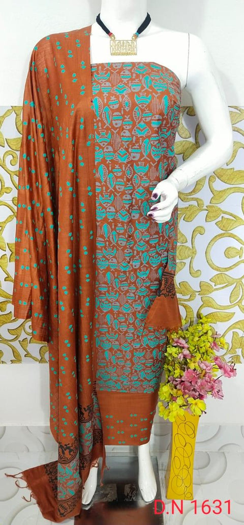 Semi Tussar Silk Suit -Brown - Trend In Need