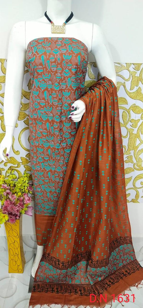 Semi Tussar Silk Suit -Brown - Trend In Need