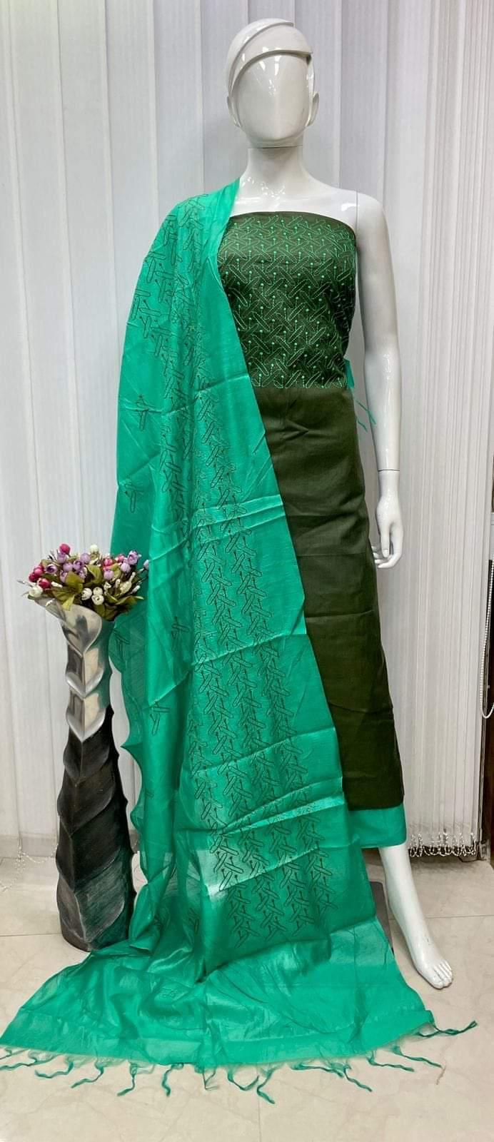 Semi Tussar Silk Suit- Green - Trend In Need