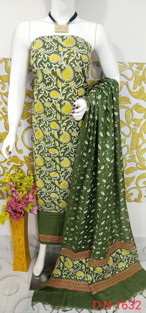 Semi Tussar Silk Suit - Green - Trend In Need