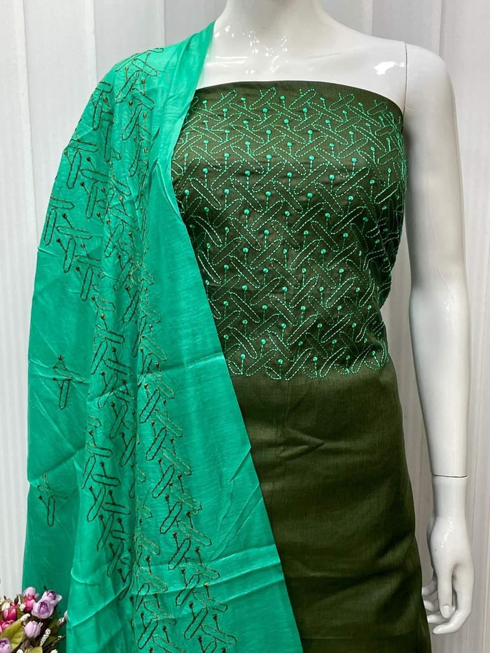 Semi Tussar Silk Suit- Green - Trend In Need