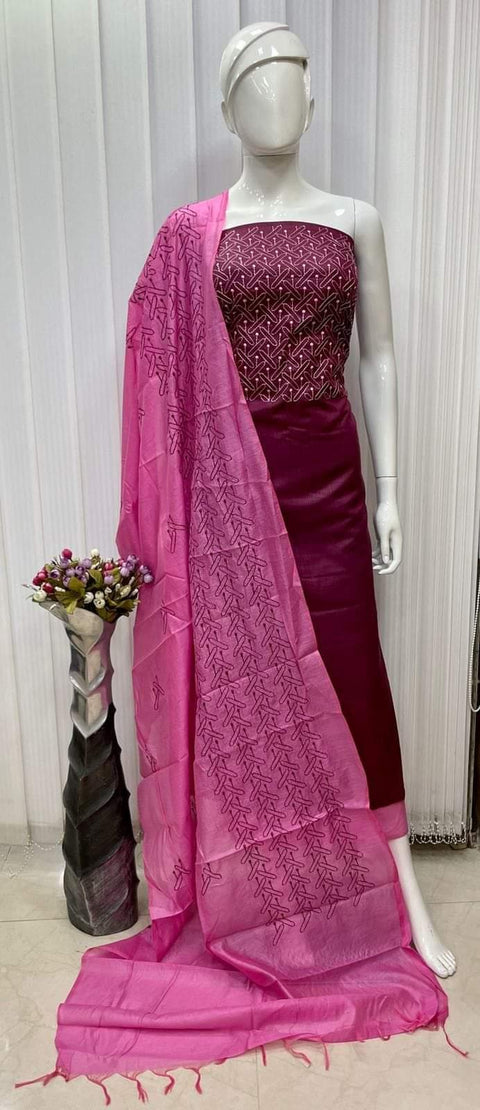 Semi Tussar Silk Suit- Pink - Trend In Need