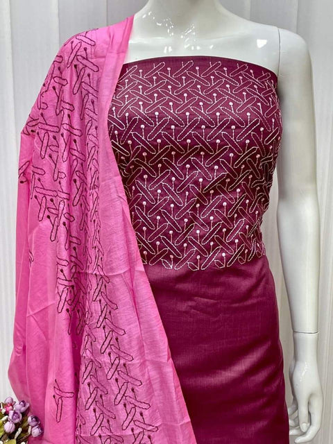 Semi Tussar Silk Suit- Pink - Trend In Need