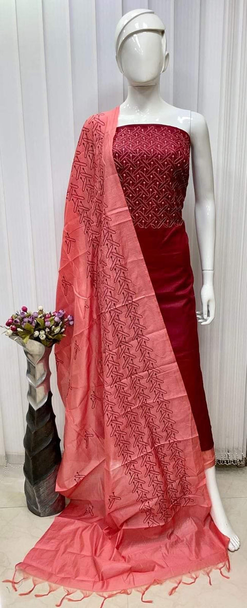 Semi Tussar Silk Suit- Red - Trend In Need