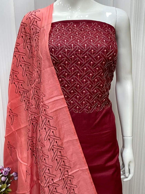 Semi Tussar Silk Suit- Red - Trend In Need