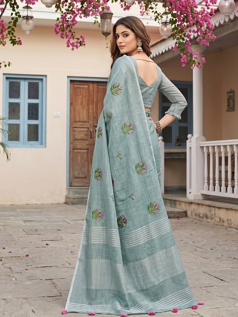 Sea Green Linen Saree with Floral Embroidery Border & Tassels