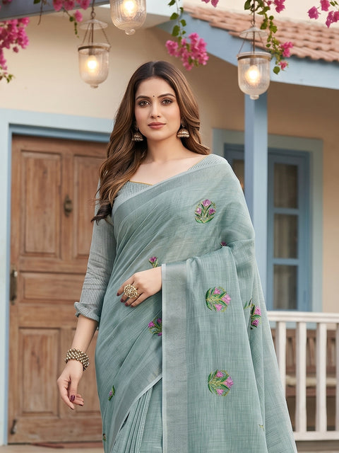 Sea Green Linen Saree with Floral Embroidery Border & Tassels