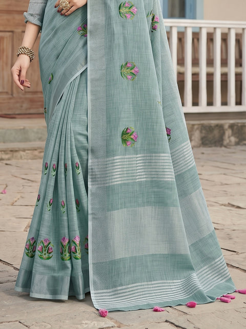 Sea Green Linen Saree with Floral Embroidery Border & Tassels