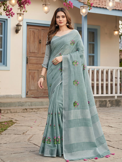 Sea Green Linen Saree with Floral Embroidery Border & Tassels