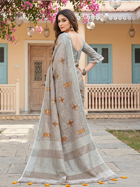 Light Beige Linen Saree with Floral Embroidery Border & Tassels