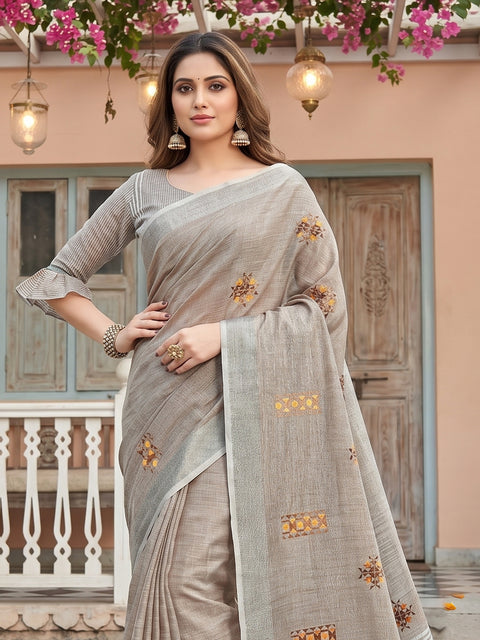 Light Beige Linen Saree with Floral Embroidery Border & Tassels