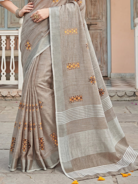 Light Beige Linen Saree with Floral Embroidery Border & Tassels