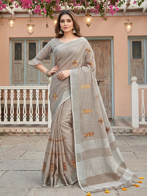 Light Beige Linen Saree with Floral Embroidery Border & Tassels