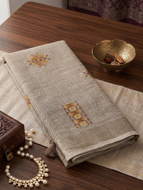 Light Beige Linen Saree with Floral Embroidery Border & Tassels