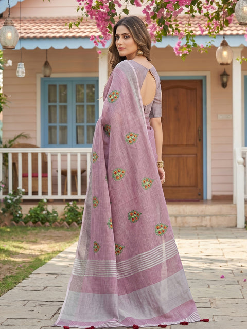 Light Purple Linen Saree with Floral Embroidery Border & Tassels