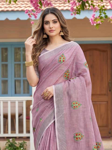 Light Purple Linen Saree with Floral Embroidery Border & Tassels