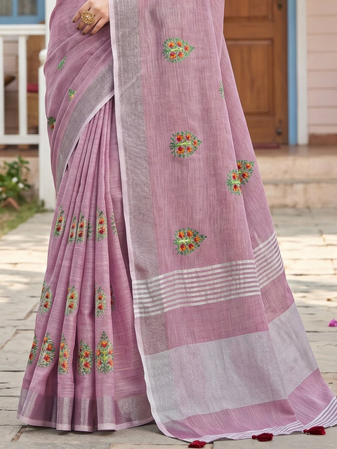 Light Purple Linen Saree with Floral Embroidery Border & Tassels