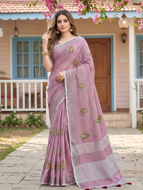 Light Purple Linen Saree with Floral Embroidery Border & Tassels