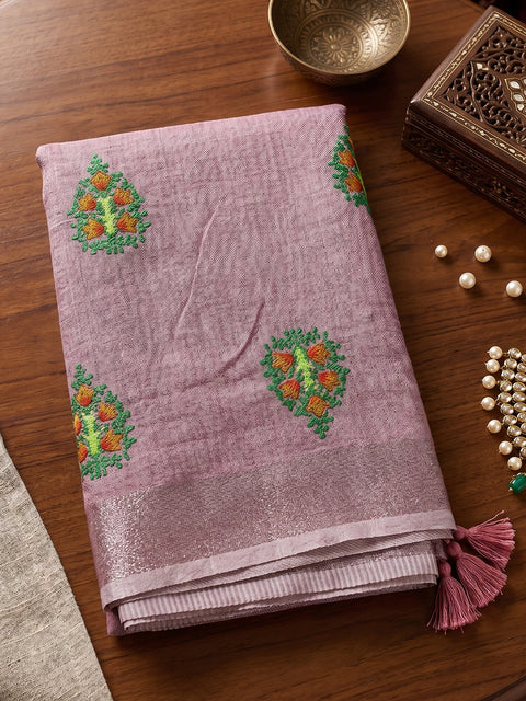 Light Purple Linen Saree with Floral Embroidery Border & Tassels