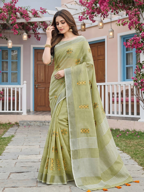 Pista Green Linen Saree with Floral Embroidery Border & Tassels