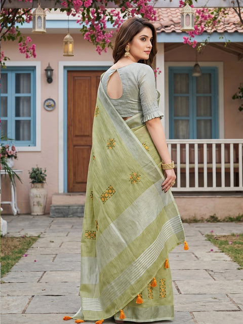 Pista Green Linen Saree with Floral Embroidery Border & Tassels
