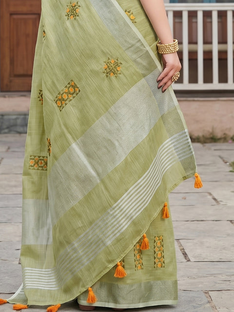 Pista Green Linen Saree with Floral Embroidery Border & Tassels