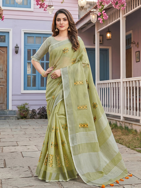 Pista Green Linen Saree with Floral Embroidery Border & Tassels
