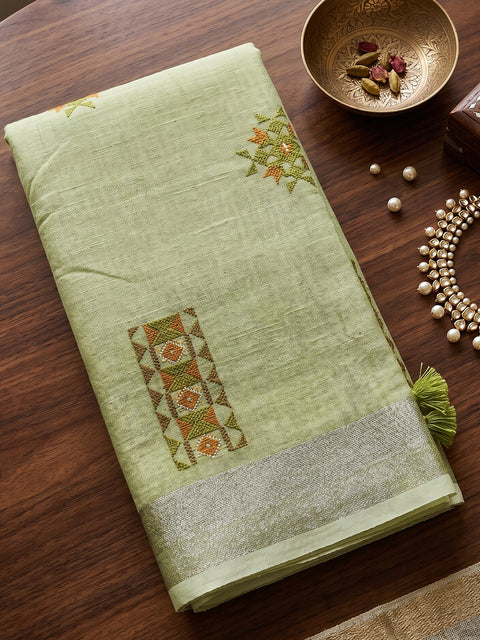 Pista Green Linen Saree with Floral Embroidery Border & Tassels