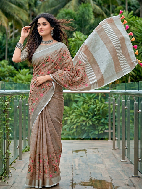 Brown Premium Linen Embroidered Saree with Running Unstitched Blouse Piece