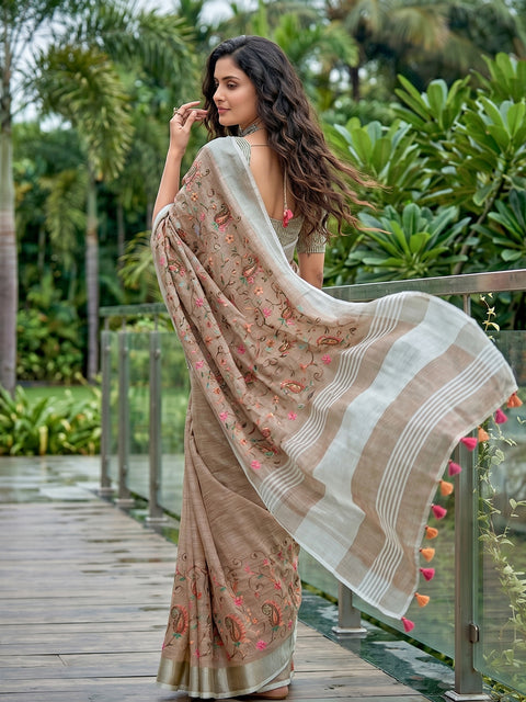 Brown Premium Linen Embroidered Saree with Running Unstitched Blouse Piece