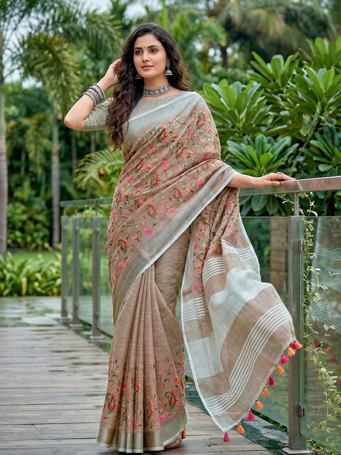 Brown Premium Linen Embroidered Saree with Running Unstitched Blouse Piece