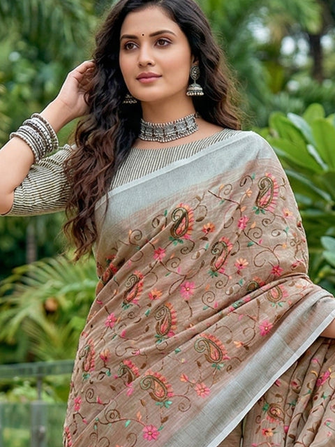 Brown Premium Linen Embroidered Saree with Running Unstitched Blouse Piece