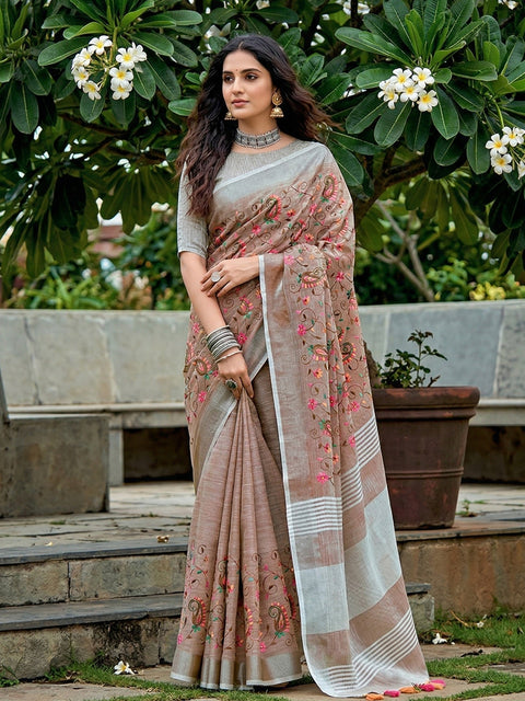 Brown Premium Linen Embroidered Saree with Running Unstitched Blouse Piece