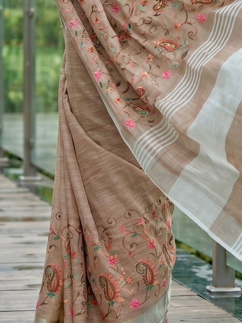 Brown Premium Linen Embroidered Saree with Running Unstitched Blouse Piece