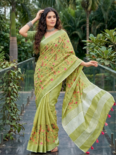 Yellow Green Premium Linen Embroidered Saree with Running Unstitched Blouse Piece