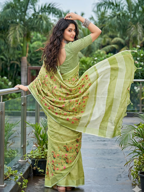 Yellow Green Premium Linen Embroidered Saree with Running Unstitched Blouse Piece