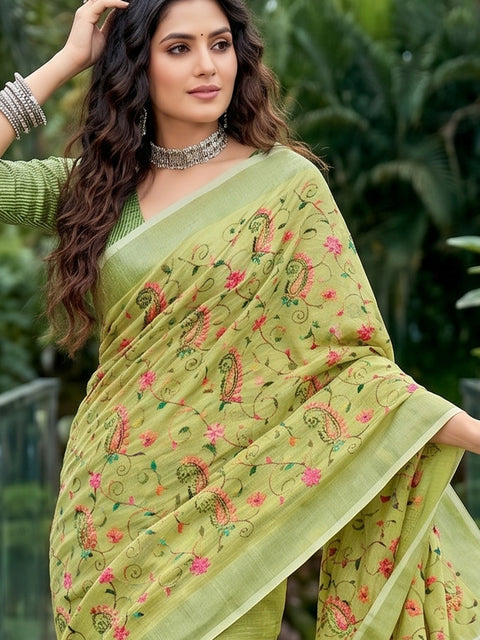 Yellow Green Premium Linen Embroidered Saree with Running Unstitched Blouse Piece