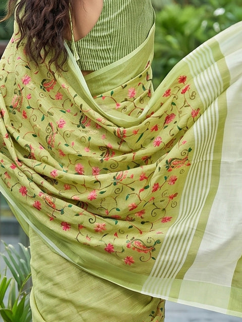 Yellow Green Premium Linen Embroidered Saree with Running Unstitched Blouse Piece