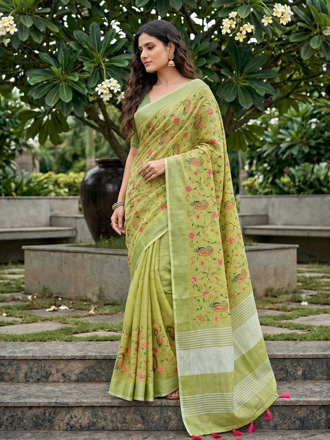 Yellow Green Premium Linen Embroidered Saree with Running Unstitched Blouse Piece