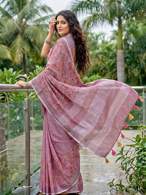Purple Premium Linen Embroidered Saree with Running Unstitched Blouse Piece