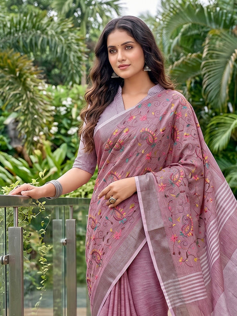 Purple Premium Linen Embroidered Saree with Running Unstitched Blouse Piece