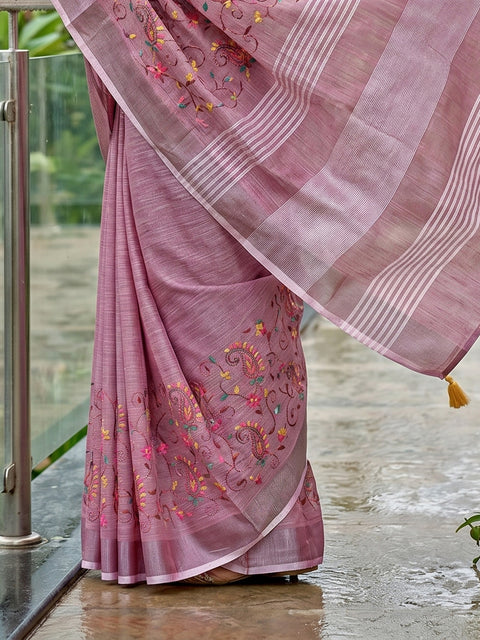 Purple Premium Linen Embroidered Saree with Running Unstitched Blouse Piece