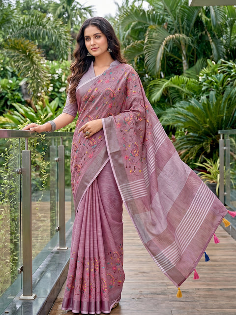 Purple Premium Linen Embroidered Saree with Running Unstitched Blouse Piece