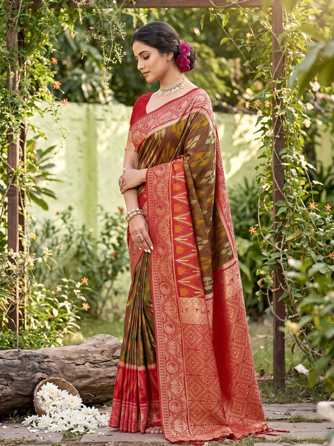 Mehandi Pochampalli Soft Silk Saree with Grand Ikat Woven Pallu