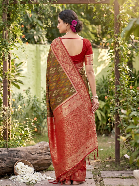 Mehandi Pochampalli Soft Silk Saree with Grand Ikat Woven Pallu