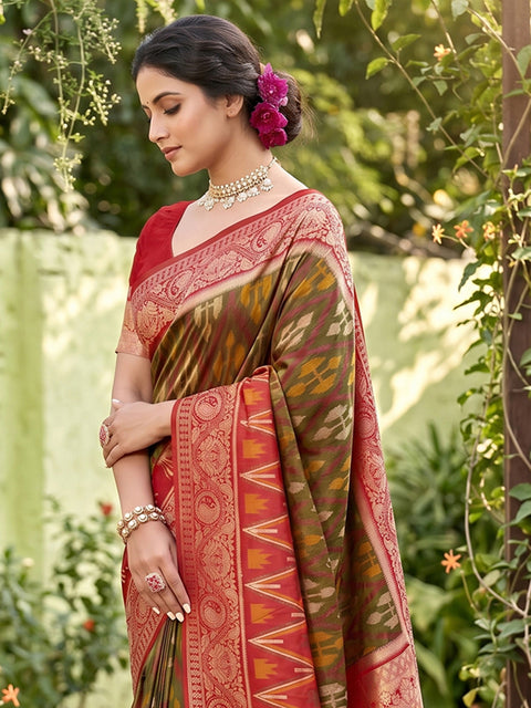 Mehandi Pochampalli Soft Silk Saree with Grand Ikat Woven Pallu
