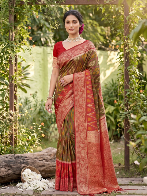 Mehandi Pochampalli Soft Silk Saree with Grand Ikat Woven Pallu