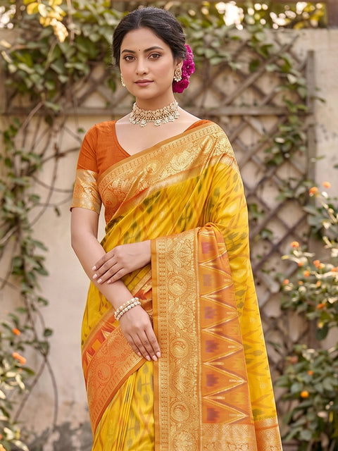 Yellow Pochampalli Soft Silk Saree with Grand Ikat Woven Pallu