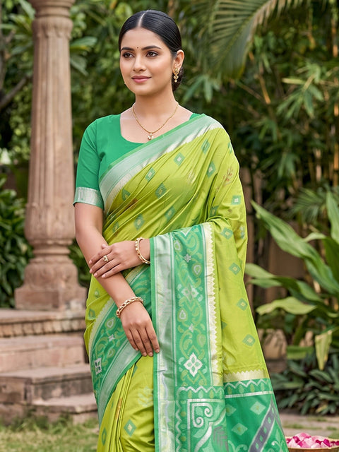 Light Green Pochampalli Soft Silk Saree with Grand Ikat Woven Pallu & Running Blouse Piece