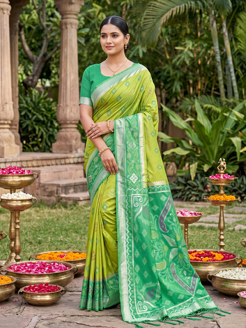 Light Green Pochampalli Soft Silk Saree with Grand Ikat Woven Pallu & Running Blouse Piece